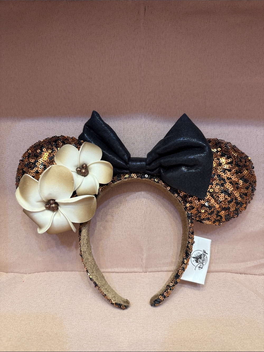 Sequin Minnie Ear Headband with Black Bow and Cream Flowers
